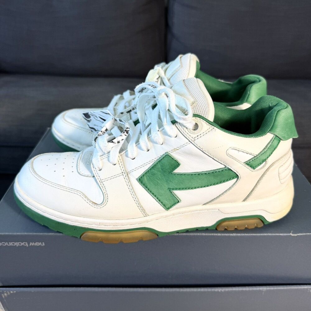 OFF-WHITE Out Of Office Low Tops White Green Leather Sneakers Men's Sz 10/EU 43